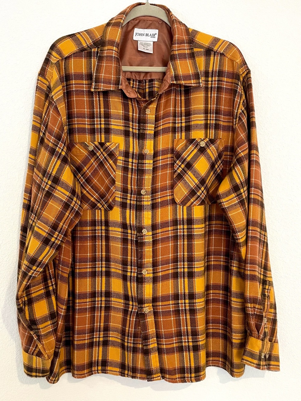 John Blair Men's XL Yellow Brown Plaid Flannel Shirt